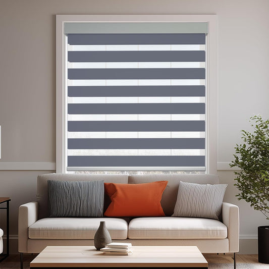 HESTIA Cordless Zebra Blinds Light Filtering Roller Shades UV Blocking Blackout Privacy Indoor Window Blind for Home Office Day and Night, Blue Grey,37" W x 54" H