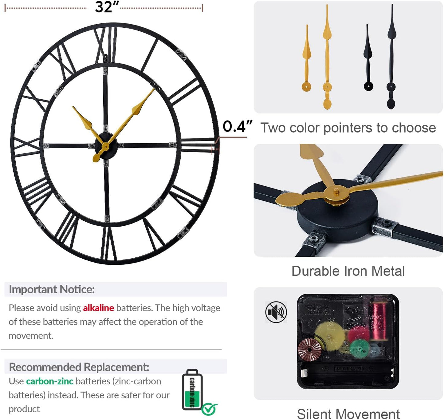 Large Wall Clock for Living Room Decor – 32 Inch Silent Non-Ticking Modern Farmhouse Wall Clock, Oversized Decorative Metal Roman Numeral Clock