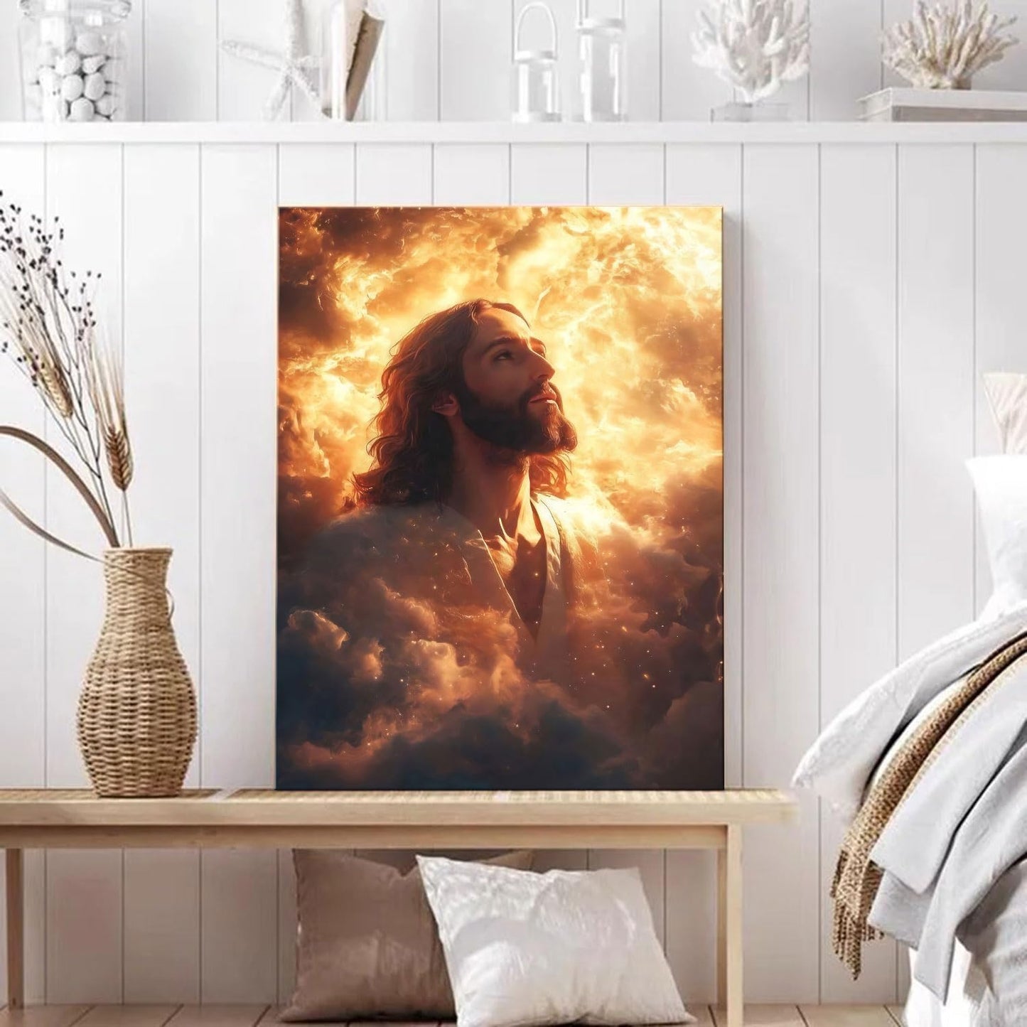 Framed Canvas Jesus Divine Glory Wall Decor Wall Art Gallery Decoration Unique Print Wall Decor for Living Room Bedroom Church Home Decor 12x16 Inch Ready to Hang