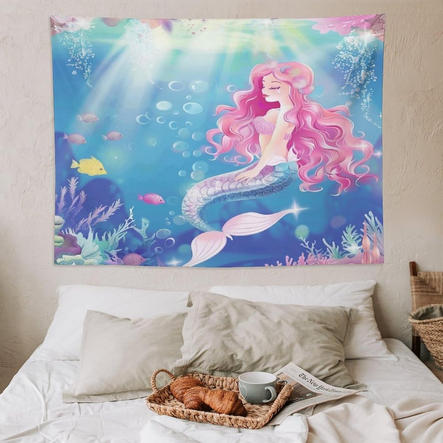 HZOHNAGO Mermaid Girls Tapestry Watercolor Mermaid Princess Pink Hair Pattern for Kids Room Decoration Printed Wall Tapestry Wall Hanging for Bedroom Living Room Dorm 80" W x 60" H
