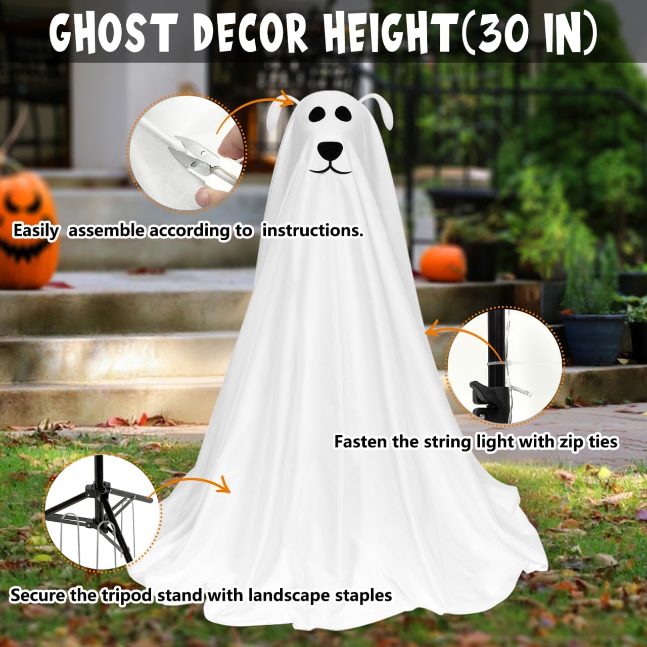 DAZONGE Halloween Decorations, Light-Up Freestanding Spooky Ghost Dog with Remote String Lights Battery Operated, Halloween Ghost Dog for Front Door Porch Yard Lawn Home Party