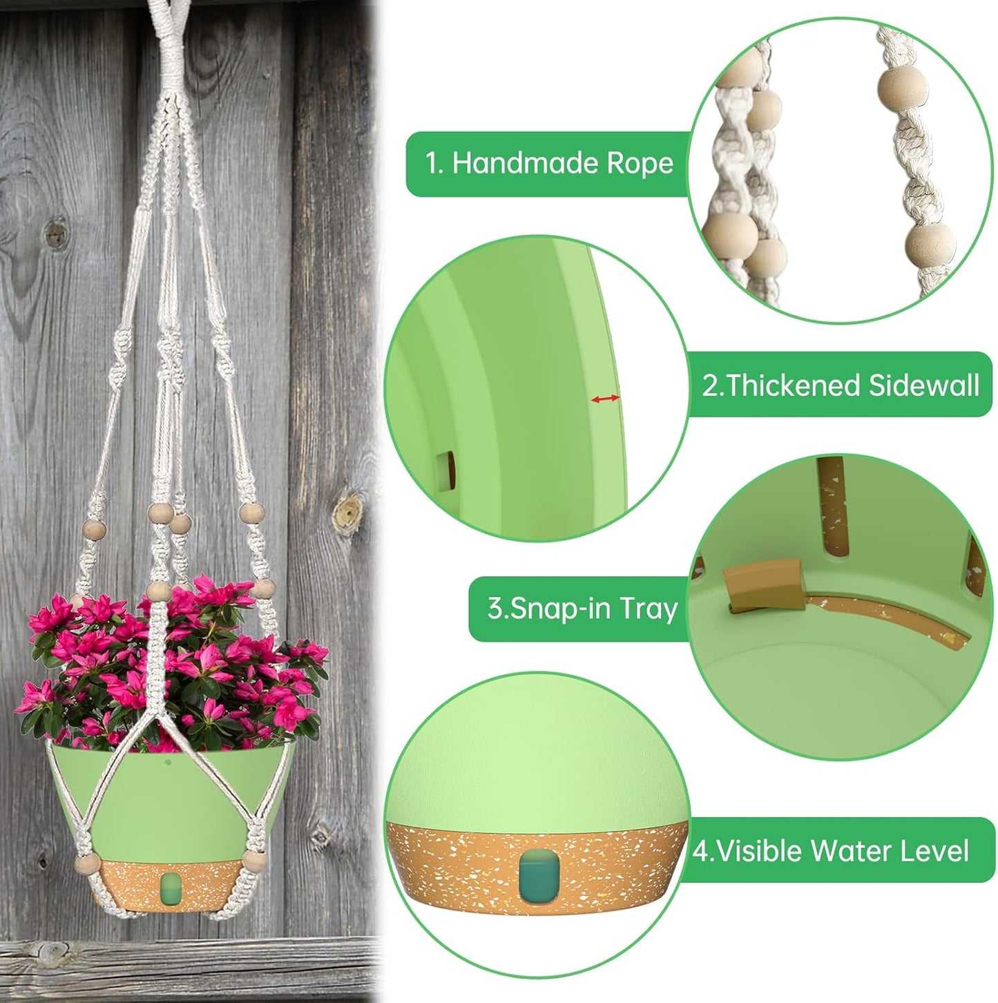 ZMTECH 2 Pack 10 Inch Hanging Planters with Macrame Plant Hanger for Indoor and Outdoor Plants, Self Watering, Drainage Hole, Visible Level Tray, Green