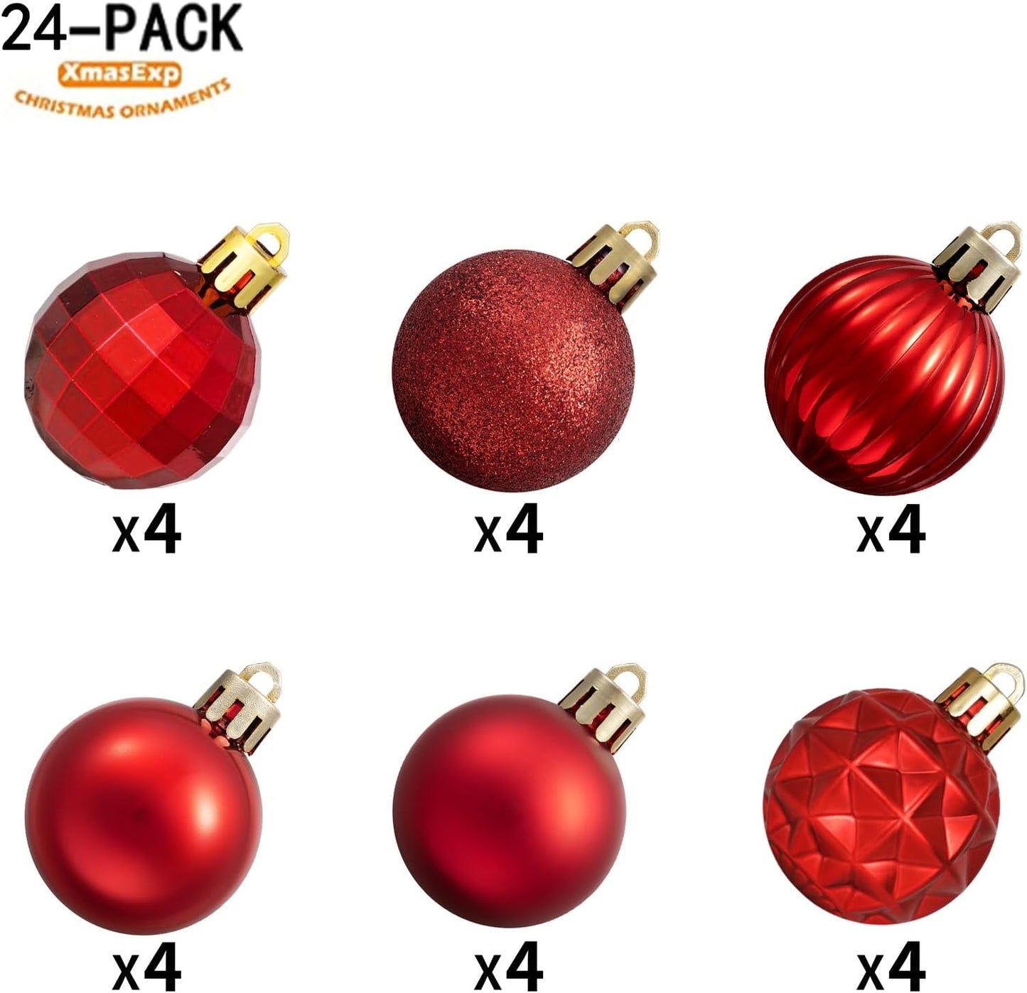 XmasExp 24ct Christmas Ball Ornaments Shatterproof Christmas Ornaments Set Decorations for Xmas Tree Balls 40mm/1.57" (1.57'', Red)