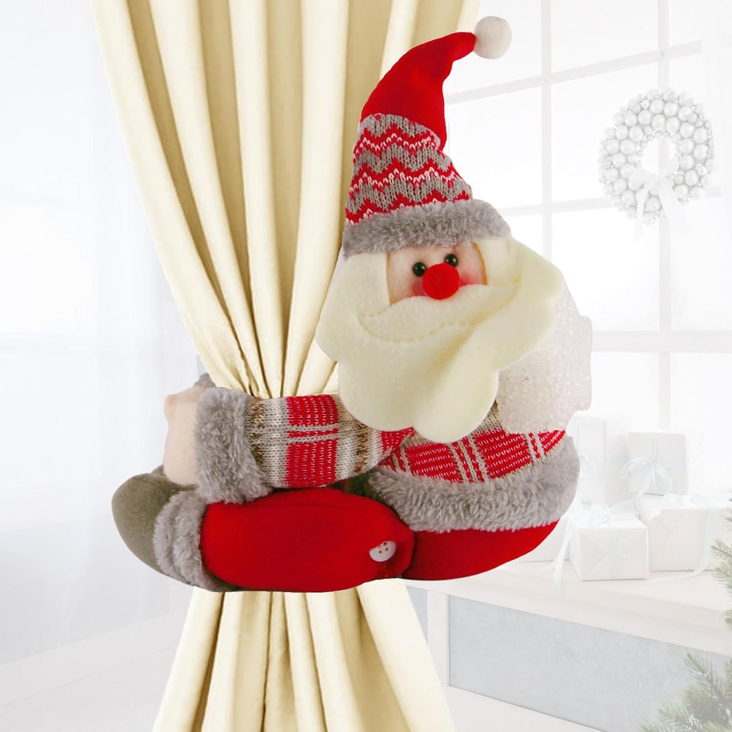 Christmas Plush Santa Claus Tree Topper with Light-up Yellow Star,Xmas Treetop Ornament-Also Be Used As Home Curtain Tie and Hugger Wine Bottle Party Decorations