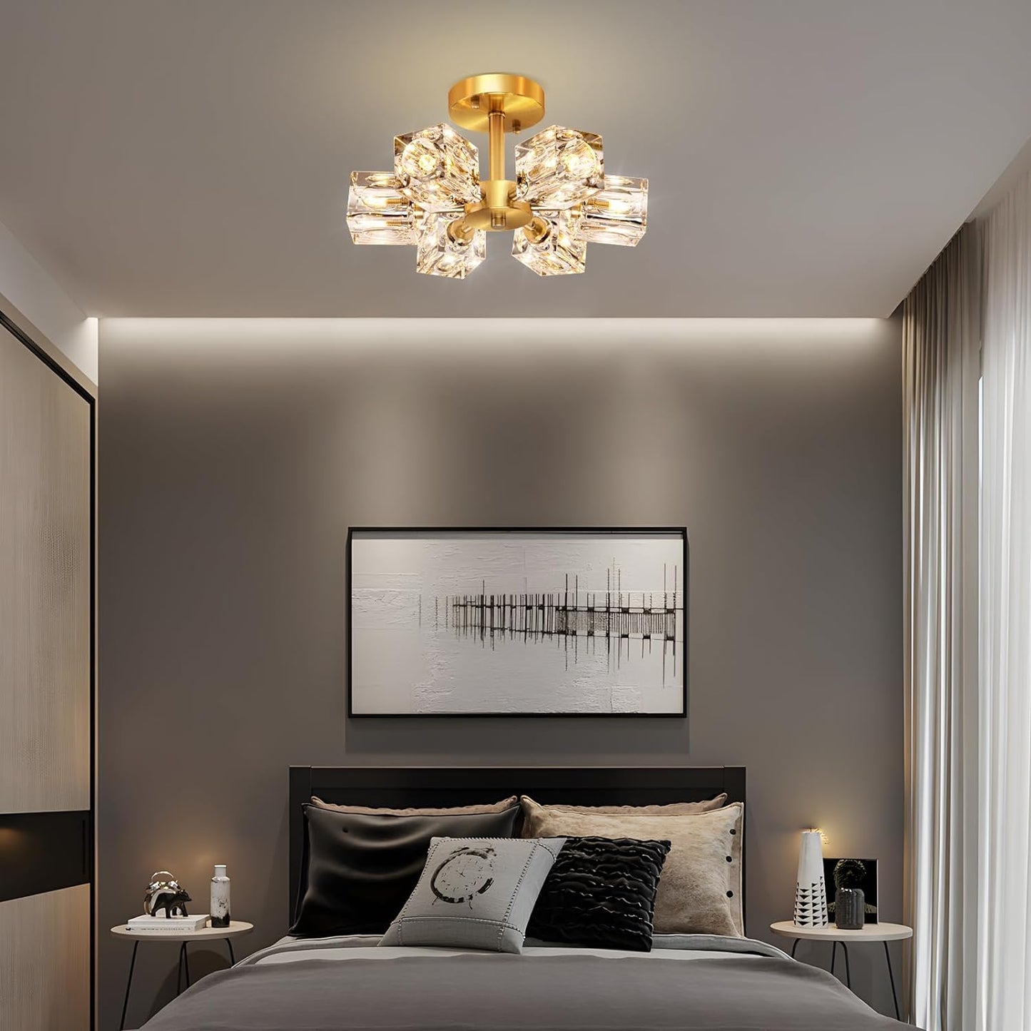 Semi Flush Mount Ceiling Light Fixture Modern 6 Lights Gold Crystal Chandelier,Brushed Nickel Sputnik Chandeliers for Hallway Entryway Bedroom Dining Room Farmhouse Kitchen Office