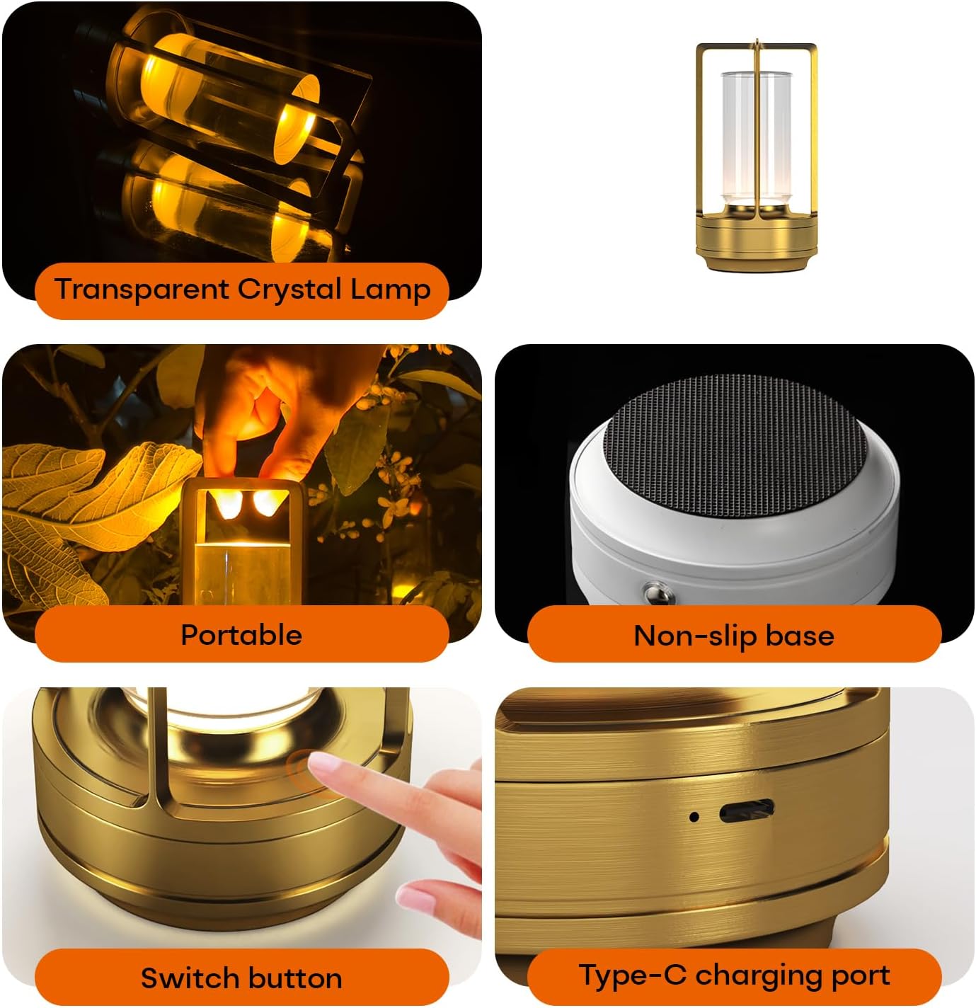 Portable Metal Table Lamp for Indoor/Outdoor ,Rechargeable Cordless LED Lamp, 3-Colour Infinitely Dimming Battery Powered Small Desk Lamp, Restaurant/Bedroom/Bar/Coffee/Camping Light (Gold Set of 2)