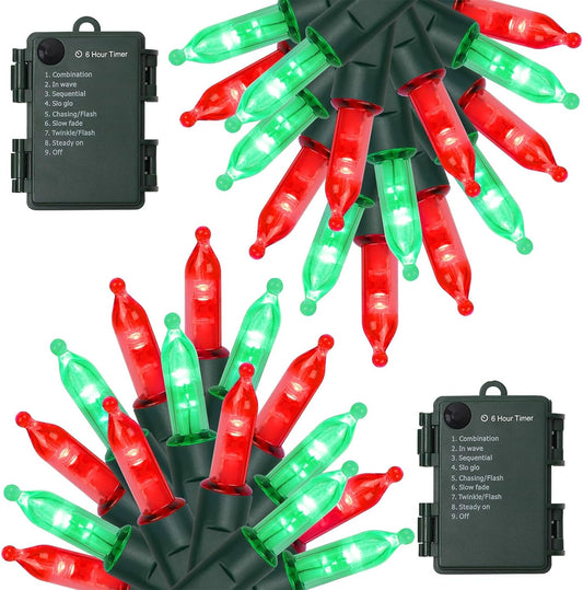 WATERGLIDE 2 Pack 50 LED Outdoor Christmas Lights, 16FT Battery Operated Mini String Lights with 8 Modes & Timer, Xmas Tree Lights Waterproof for Patio Garden Party Wedding Holiday Decor, Red & Green