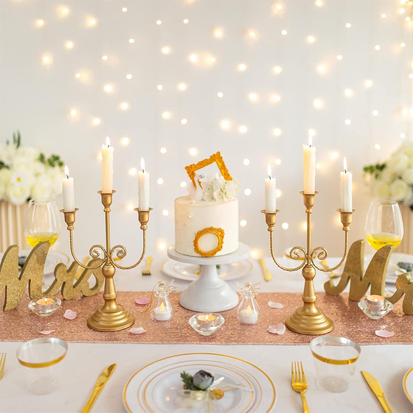 Sziqiqi Gold Taper Candle Holder for Centerpiece - 3-arm Candlesticks Holder for Wedding Table Centerpieces Metal Candle Stick Holders for Fireplace Mantle Set of 6