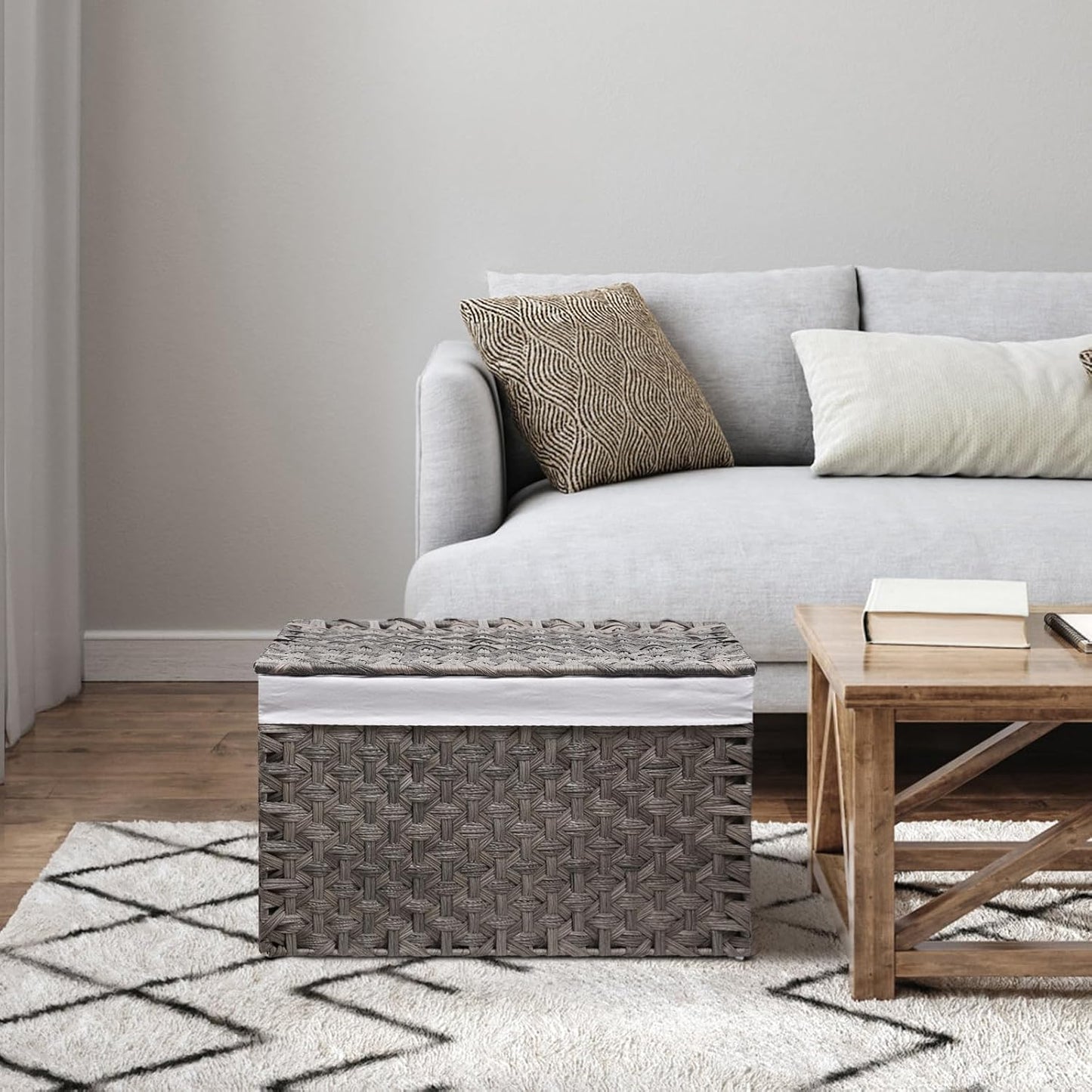 Wicker Storage Basket with Lid, 42.3 Gallon (160L) Large Blanket Basket with Lid, Woven Storage Bin with Handles, Removable Liner, Metal Frame, Foldable, for Bedroom, Laundry Room, Grey