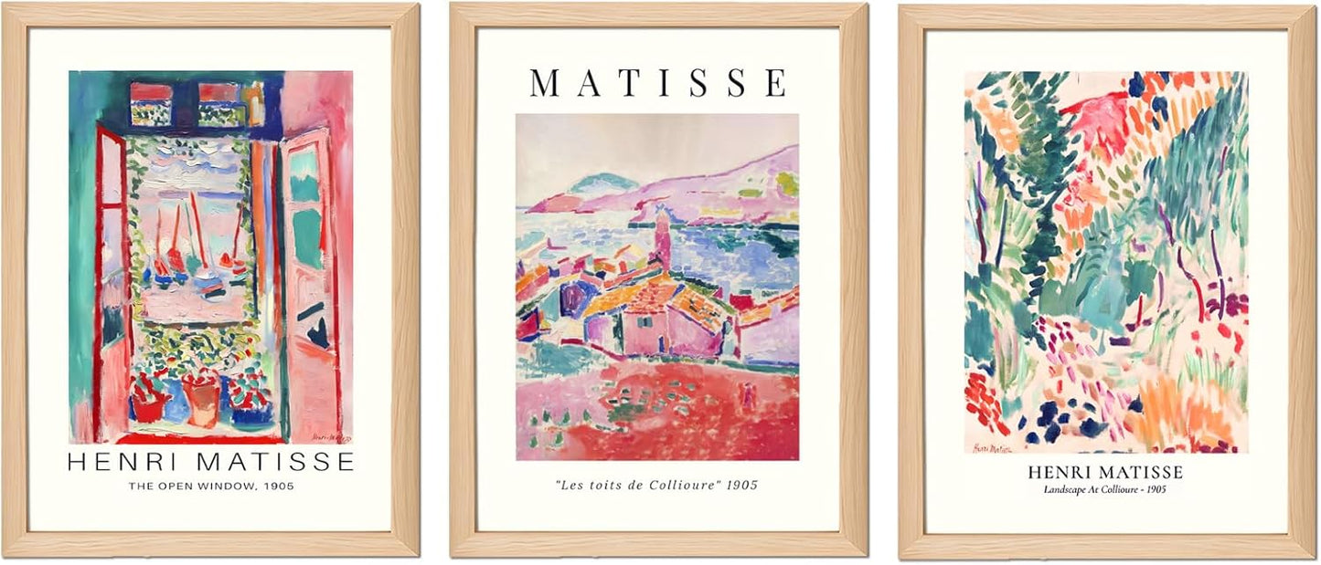 Wooden Framed Matisse Wall Art Set of 3 Abstract Henri Matisse Posters Vintage Flower Market Canvas Prints Open Window Painting Artwork Picture Aesthetic Room Decor for Bedroom Living Room 16x24in