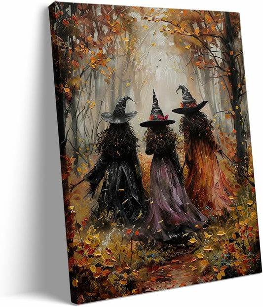 Vintage Three Witches In The Forest Painting Witch Print Witchy Canvas Print Halloween Wall Art Halloween Decor Witch Poster Dark Academia Gothic Room Decor for Bedroom 20x30in Large Frame Wall Art