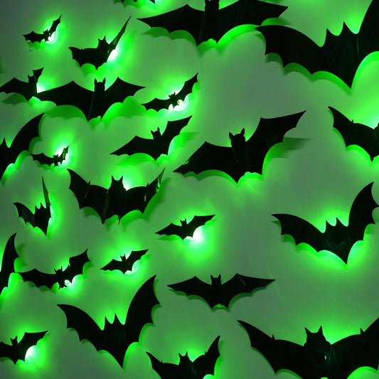 DR.DUDU 36 Pack Bats Halloween Decorations- Light Up Bat Wall Stickers with Green LED, 3D Removable Window Decals for Indoor/Outdoor, Bathroom, Door, Home, Bedroom Halloween Party