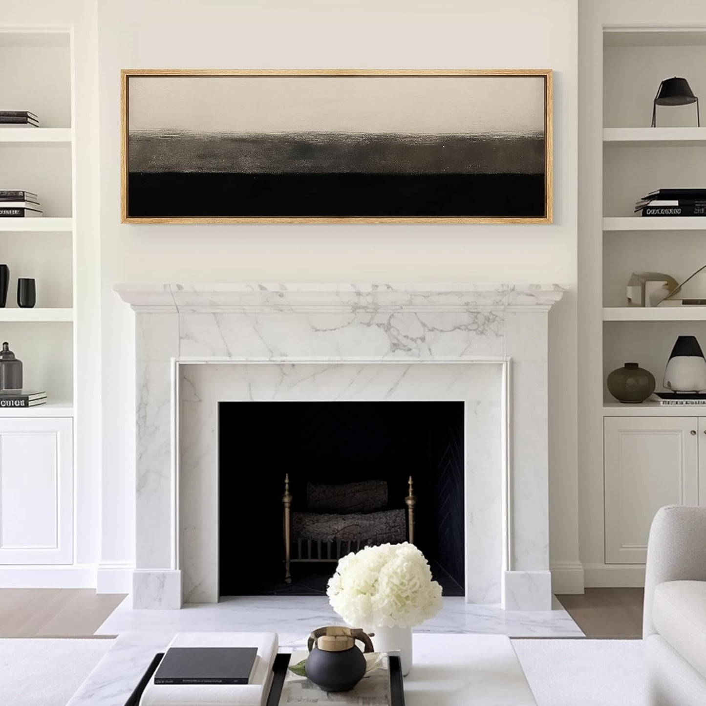 MUDECOR Large Framed Canvas Print Wall Art Minimalist Black and Beige Abstract Neutral Tones Modern Illustrations Decorative Colorful for Bedroom - 60"x20"