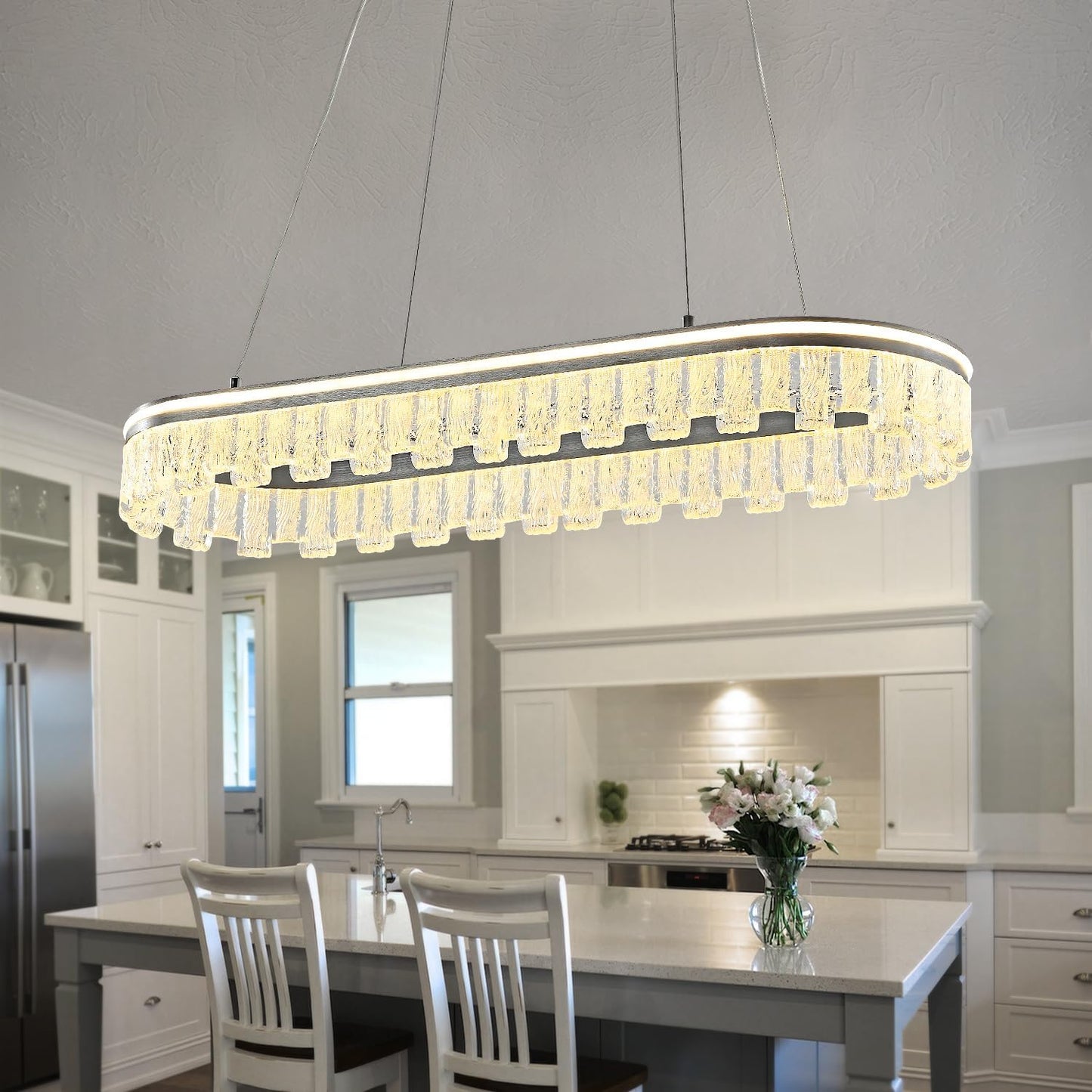 Modern Pendant Lights Kitchen Island, 35.5" Dimmable LED Elliptical Runway Light Fixture Silvery Gray Aluminum Bar Lights Hanging for Dining Room, Kitchen, Restaurant, Living Room