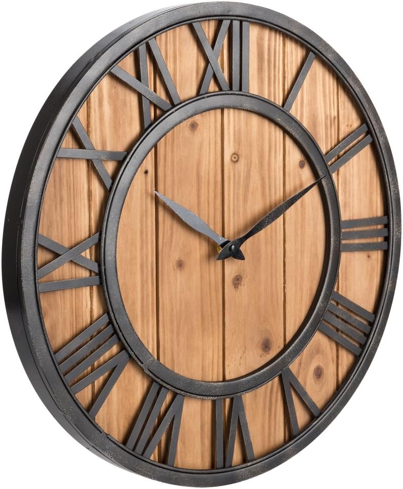 Oldtown Farmhouse Metal & Solid Wood Noiseless Wall Clock (Wood, 18-inch)