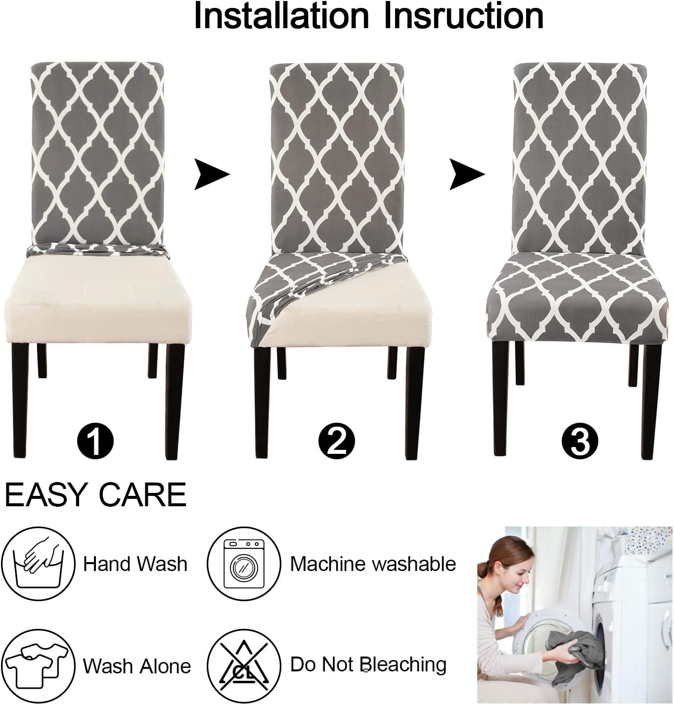 JQinHome Dining Room Chair Covers Set of 8, High Stretch Chair Slipcover Removable Washable Chair Seat Protector Cover for Home Party Hotel Wedding Ceremony (Grey White)