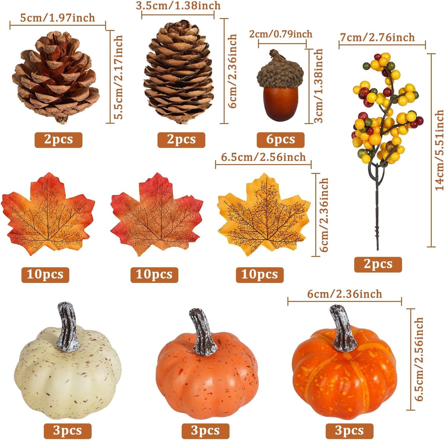 Artmag 51 PCS Artificial Pumpkins, Fall Harvest Decorations with Acorns, Pinecones, Berries, Maple Leaves for Farmhouse Fall Thansgiving Halloween Decor Decoration