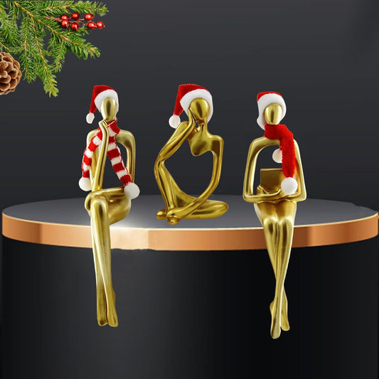 Christmas Gold Home Decor Thinker Statue Accents, 2025 Xmas Thinker Sculptures Office Decor Modern Abstract Decoration on Shelf Table Desk for Living Room Office Bedroom Comes with Christmas Hats