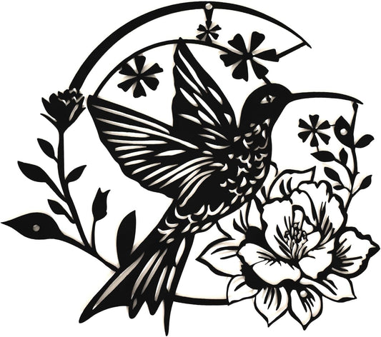 SHIMANY Black Metal Wall Art - Hummingbird Hanging Wall Sculpture with Floral Design for Bedroom, Living Room, or Reading Nook - Botanical Accent