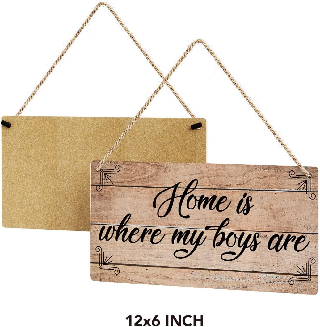 SENJIAN Rustic Family Quote Wood Decor Sign, Home is Where My Boys are Printed Wood Sign Wall Art, Hanging Door Sign, Decorative Wood Sign Home Decor 6" x 12"