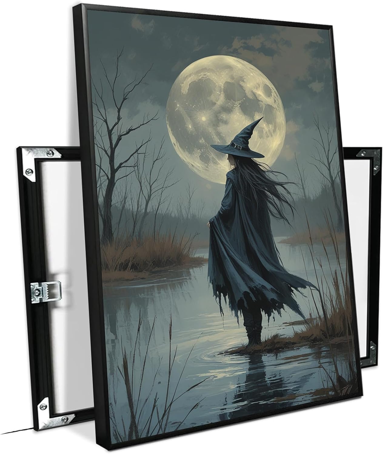 JFHCQJPK Witch in the moonlight magic canvas wall art enchanting Halloween home decor swamp witch silhouette oil painting mysterious gothic aesthetic wall decor print poster16x24in Metal blackFramed