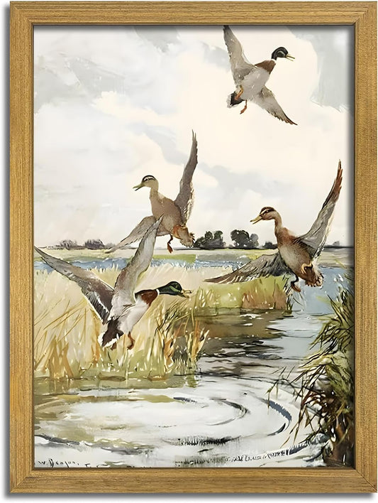 Framed Vintage Duck Wall Art Print, Rustic Mallard Watercolor Canvas Poster Wall Decor, Country Wildlife Bird Illustration for Farmhouse Living Room Kitchen Bedroom Decor 16x24 Inch
