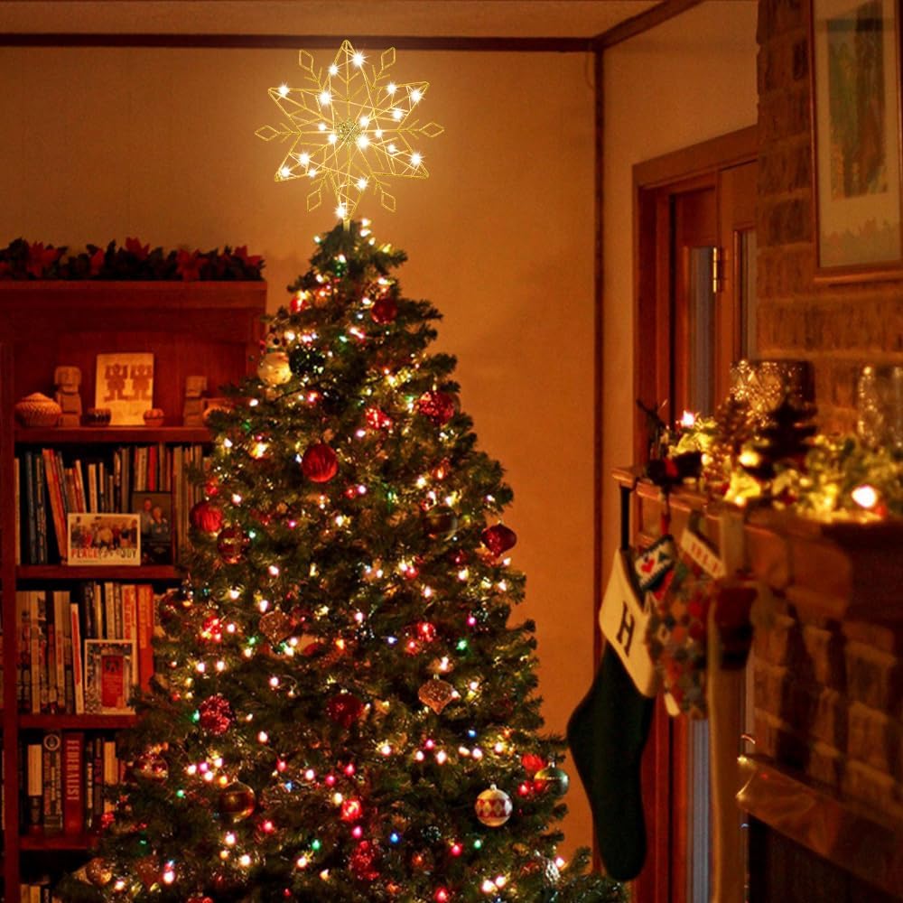 hogardeck Christmas Tree Topper, 10 Inches Lighted Gold Snow Tree Topper, 20 LED Lights Gold Glitter Powder Snowflake Tree Toppers Christmas Decorations, Battery Powered Timer Xmas Treetop Star Decor