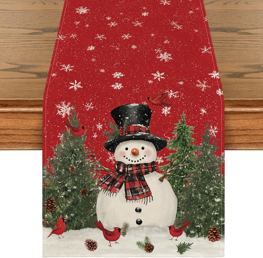 Artoid Mode Snowman Trees Snowflakes Christmas Table Runner, Seasonal Winter Xmas Holiday Kitchen Dining Table Decoration for Indoor Outdoor Home Party Decor 13 x 90 Inch
