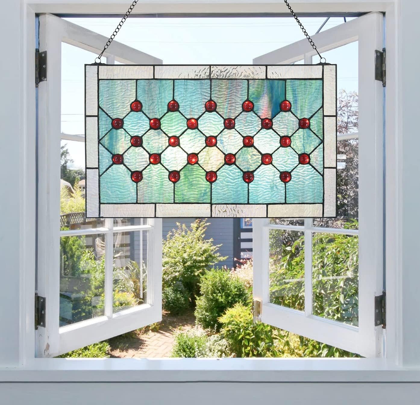 Tiffany Stained Glass 19.25" x 11.75" Window Panel, 100% Genuine Stained Glass and Cabochon, Handcrafted 73 Pieces, 9.25 by 11.75-inch, Hanging chain included, Blue/Green.