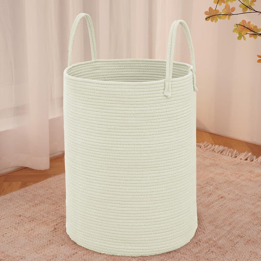 Large Woven Laundry Basket Hamper,100L Cotton Rope Storage Bin for Blankets,Toys and Clothes,Decorative Tall Nursery Hamper for Living Room,Baby Nursery,Bathroom and Bedroom,White