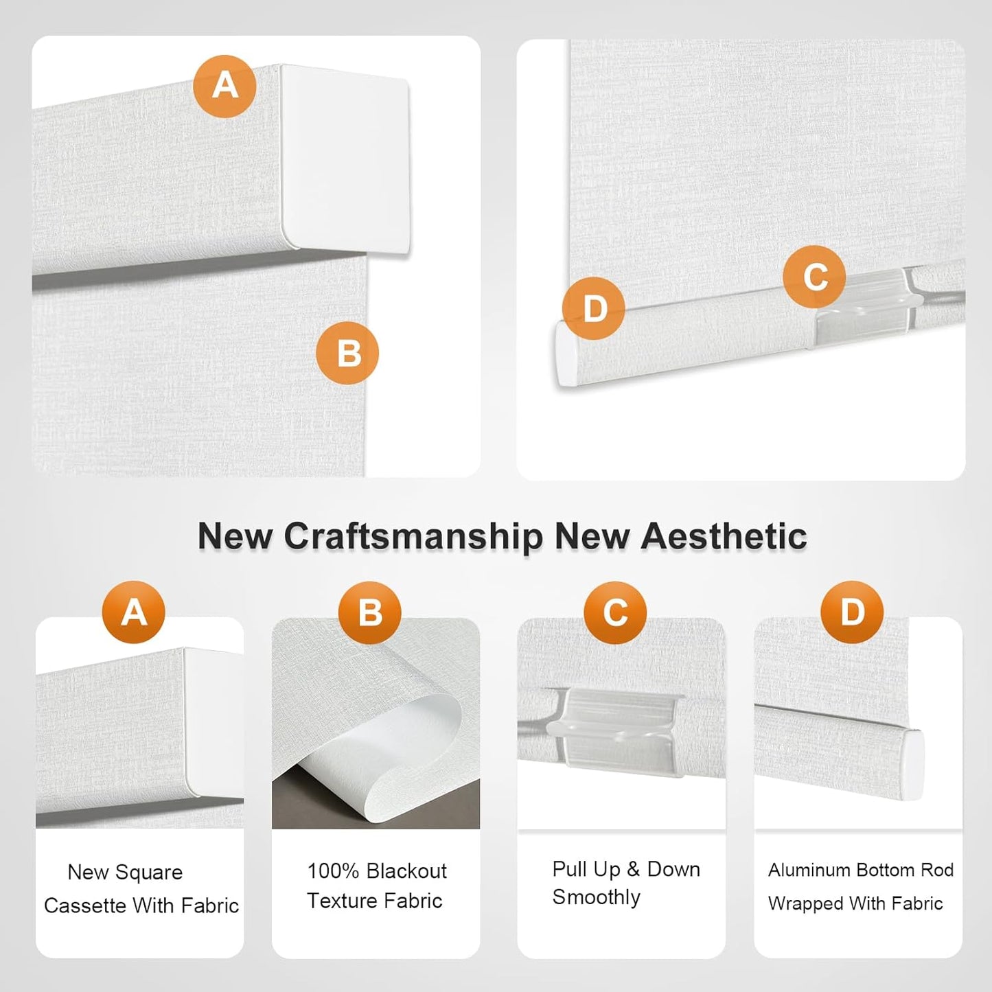 Persilux Blackout Roller Shades & Blinds Windows Shades Free-Stop Blackout Blinds with Jacquard Fabric,Cordless Blinds Pull Down Shades for Home, Easy to Install for Door/Office, White(42" W x 64" H)