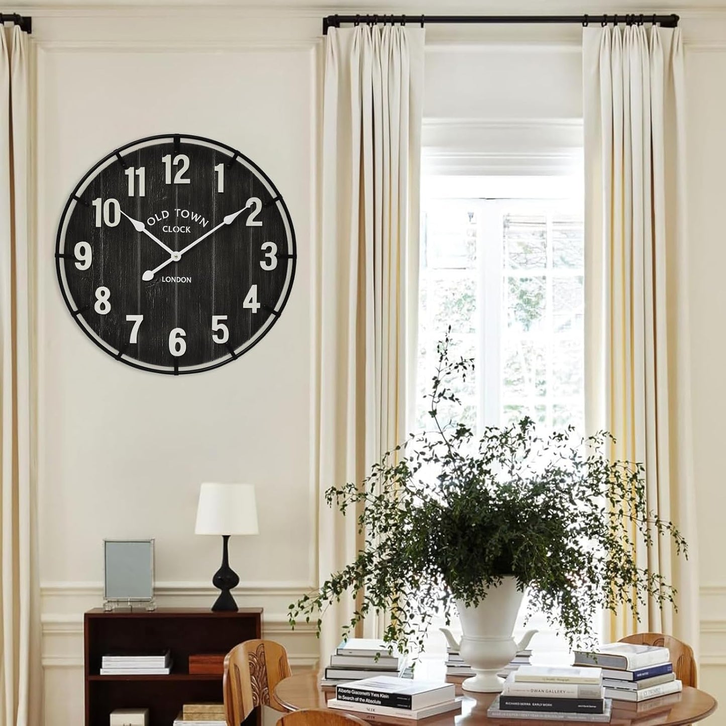 Large Old Town Farmhouse Wall Clock – 24 Inches Rustic Antique Wood with Metal Circle and Large Numerals, Silent Battery Operated Clock for Office, Kitchen, Bedroom, Living Room (Black)