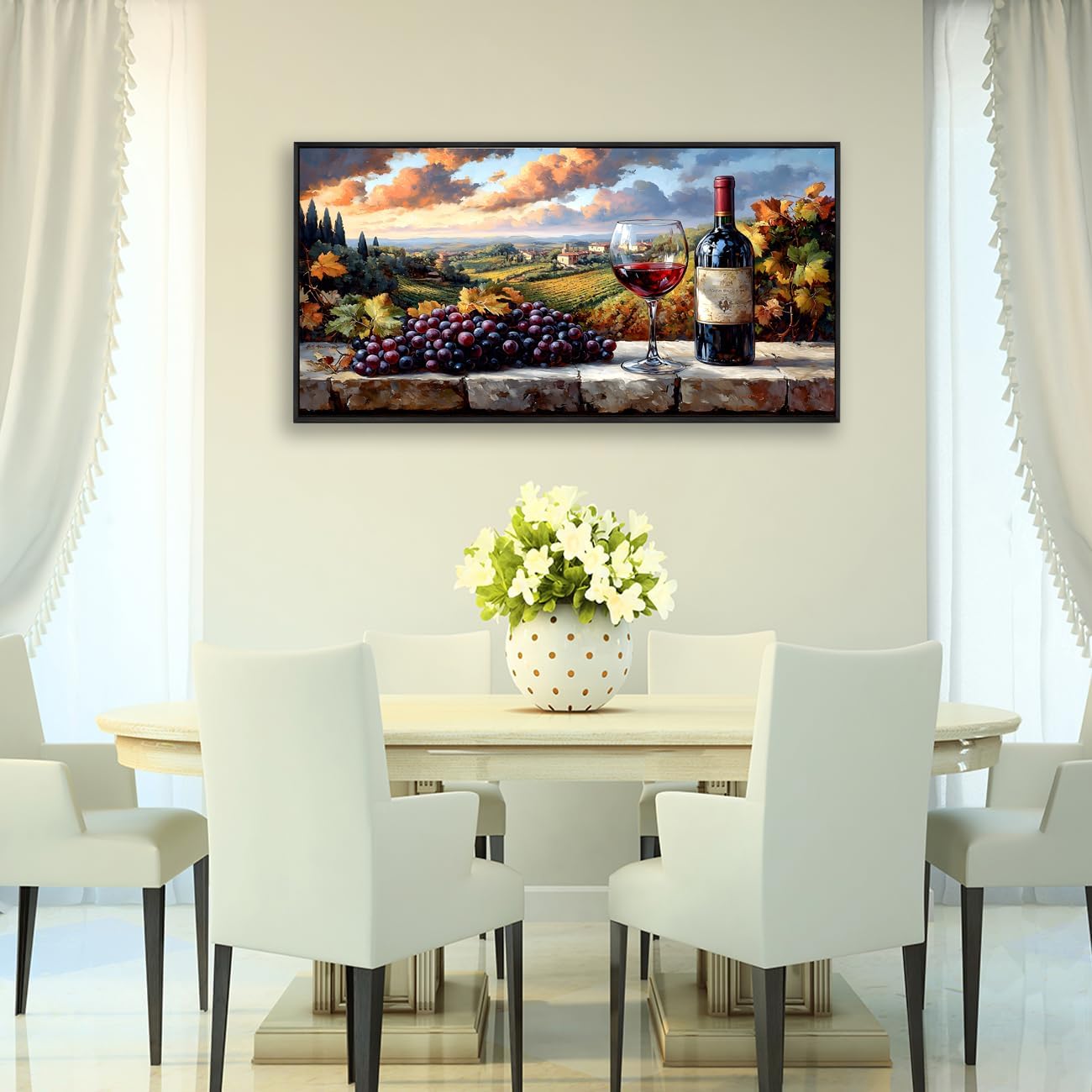 HUADAOART Kitchen Wall Decor Framed Canvas Print Grape Wine Glass Estate Wall Art for Restaurant Rural Landscape Pictures Office Home Decoration 20 x 40 inches Ready to Hang