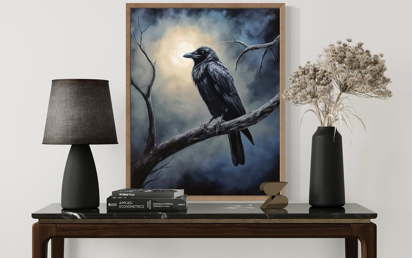 Crow under the Moonlight Poster Art Print, Halloween Scary Vintage Wall Art Academia Spooky Painting Decoration for Horror Prints, Gothic Posters Bedroom Decor 89 (Crow under the Moonlight, 16 x 20 inches, Wood Frame)