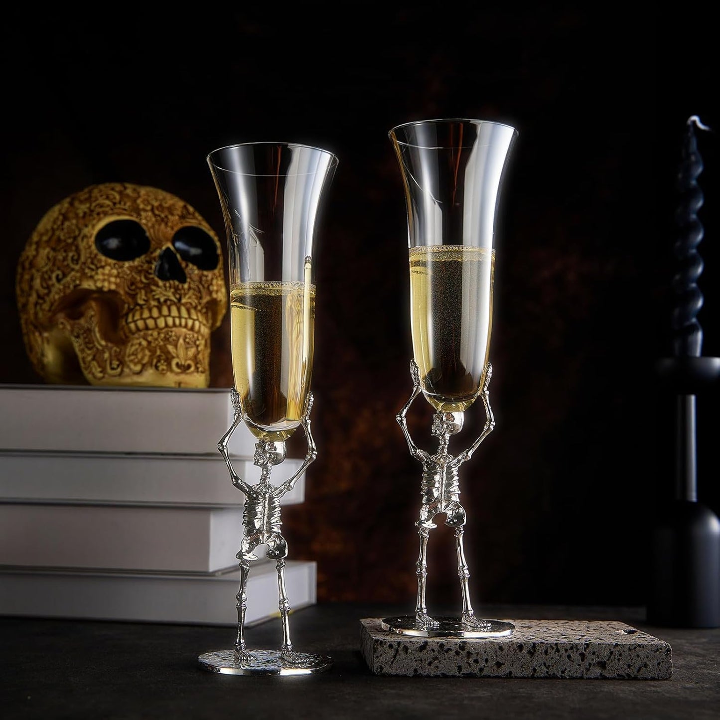 Stemmed Skeleton Champagne Flute Glasses Set of 2 | Gothic Halloween Drinkware | 7.5oz 10" Tall Skeleton Goblets for Haunted Parties, Spooky Wine Glass Set, Gothic Skeleton Decor & Unique Gift Idea