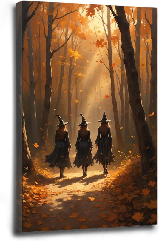 Three witches walking in the forest in autumn canvas painting gothic poster halloween print country witch wall art for home decoration20x30in Wood Framed