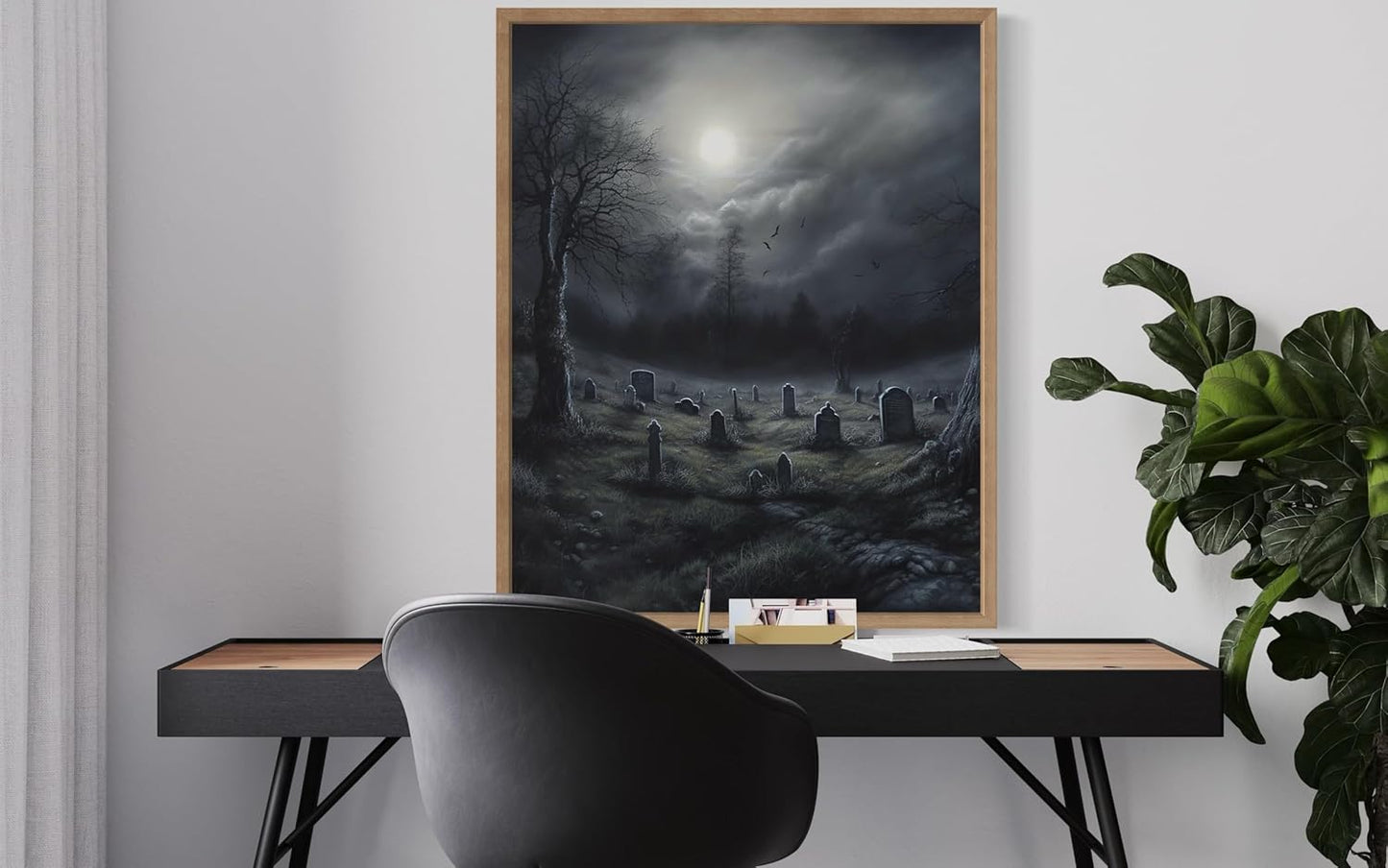 Gothic Graveyard Poster Art Print, Halloween Scary Vintage Wall Art Academia Spooky Painting Decoration for Horror Prints, Posters Bedroom Decor 89 (Gothic Graveyard, 8 x 10 inches, Wood Frame)