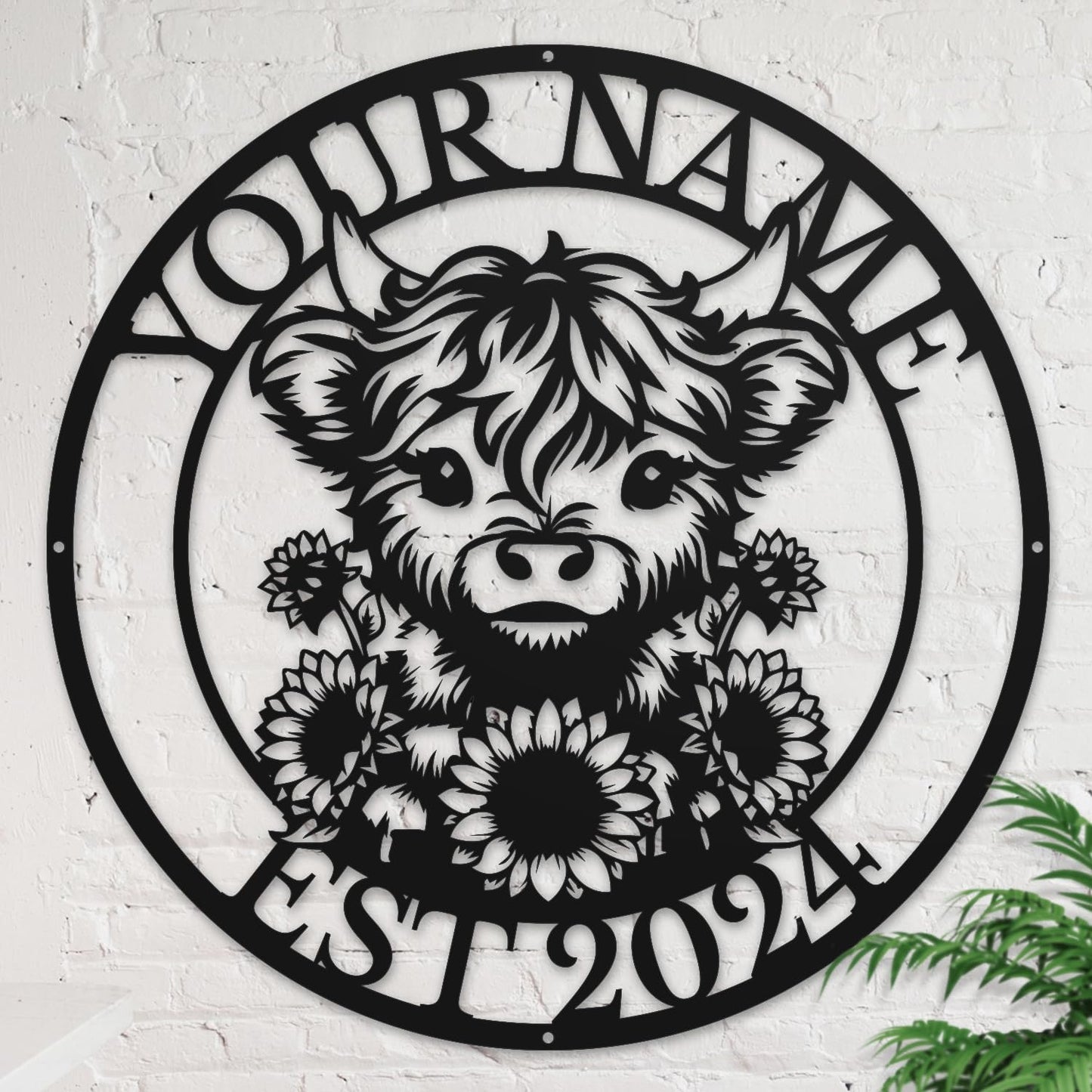 Personalized Highland Cow Name metal Signs,Custom Highland Cow Metal Shed Wall Decor,Black Metal Wall Art Plaques Outdoor wall Decorative Signage (Style E)