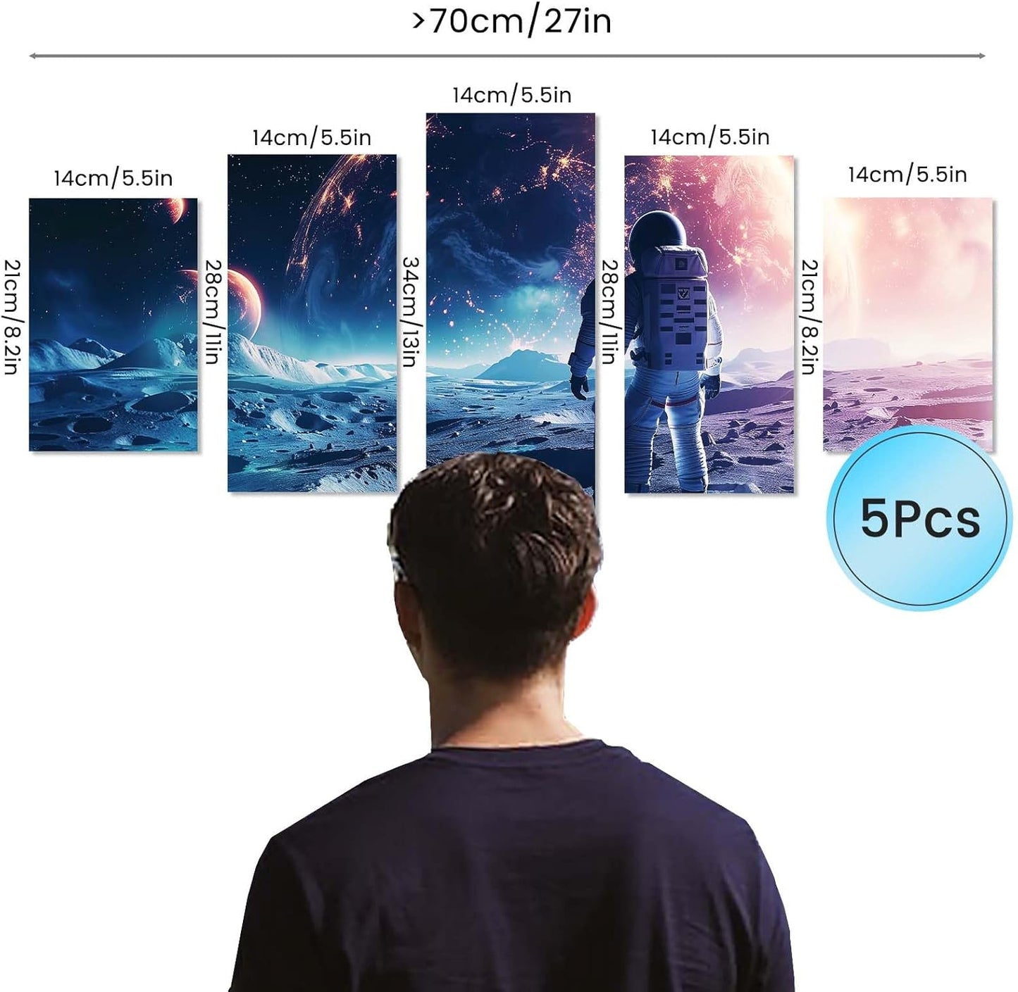 SNAIL GARDEN 5 Pcs 3D Luminous Universe Astronaut Wall Stickers,Glow in The Dark Wall Decals,Self-Adhesion Space Themed Wall Decor,Solar System Decal for Room,Space Room(Blue Light)