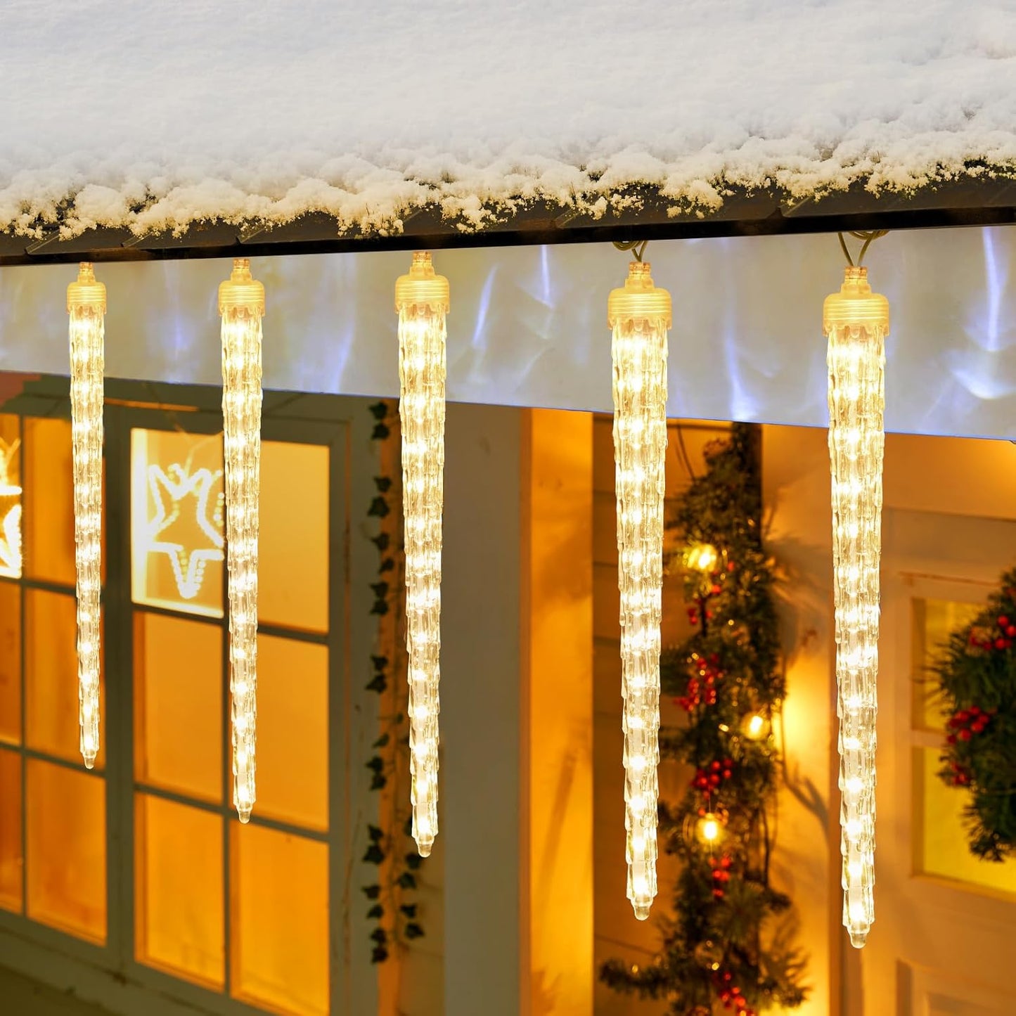 Christmas Meteor Shower Icicle Lights Outdoor, 19.8Ft With 20 Large Tube 480 LED Dropping Effect, Waterproof Decorations for House Eave Roofline, Warm White