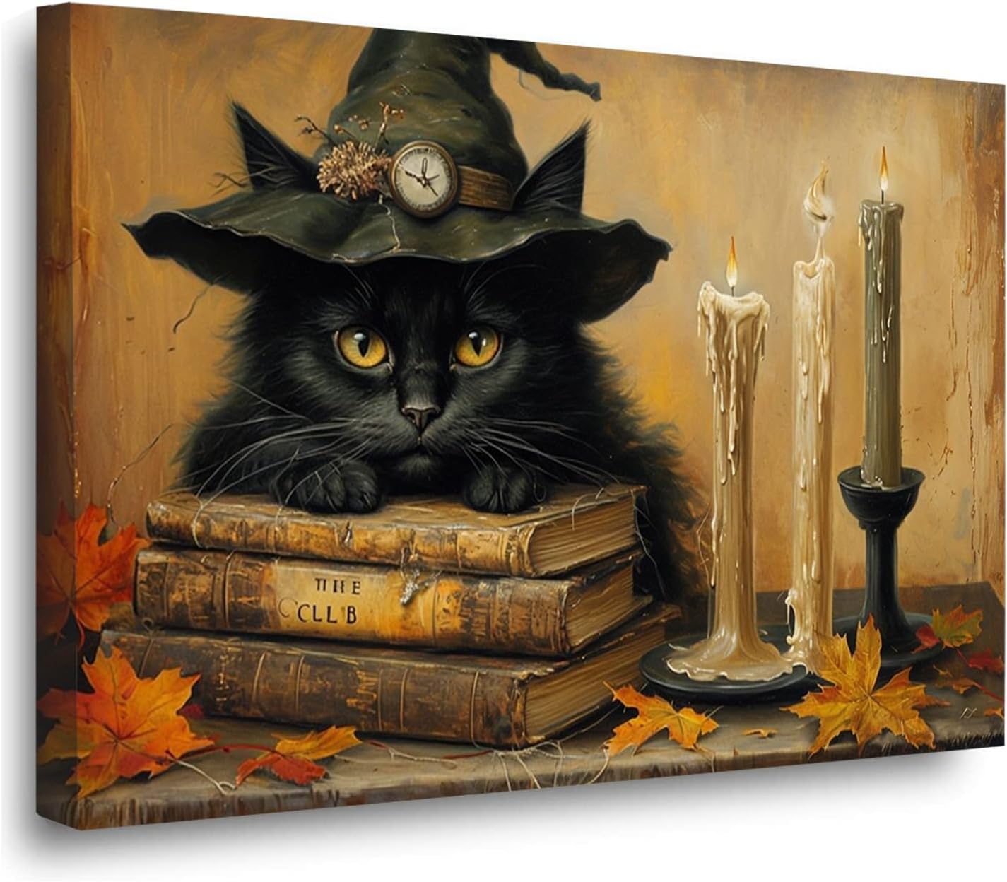 Vintage Halloween wall decoration black cat and magic book suitable for home bedroom living room decoration dark classic art witch wall decoration8x12in Wood Framed