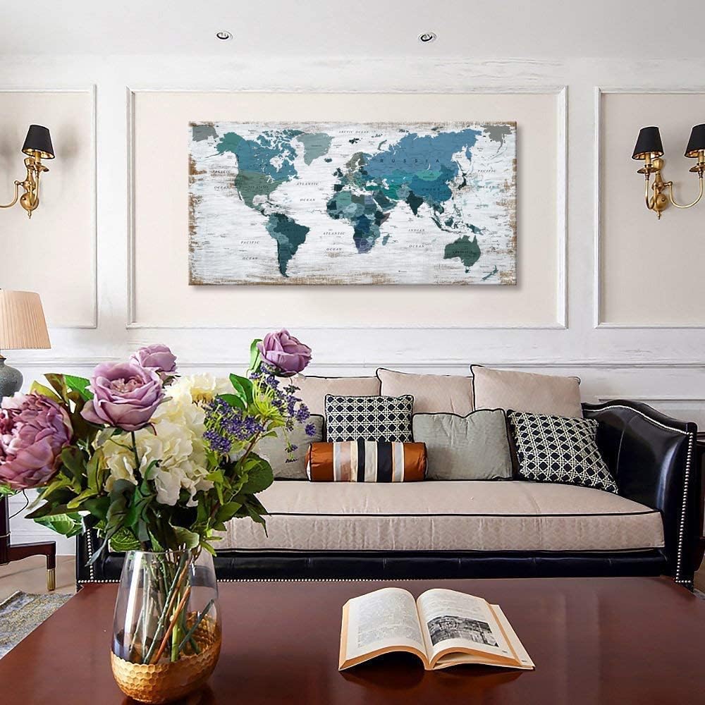 teal world map Wall Art Watercolor Abstract Wall Decal Large Office Canvas Wall Art map of the world 32in"x48in" Painting for Bedroom Wall Decoration for Living Room Blue wall art Artwork for Walls