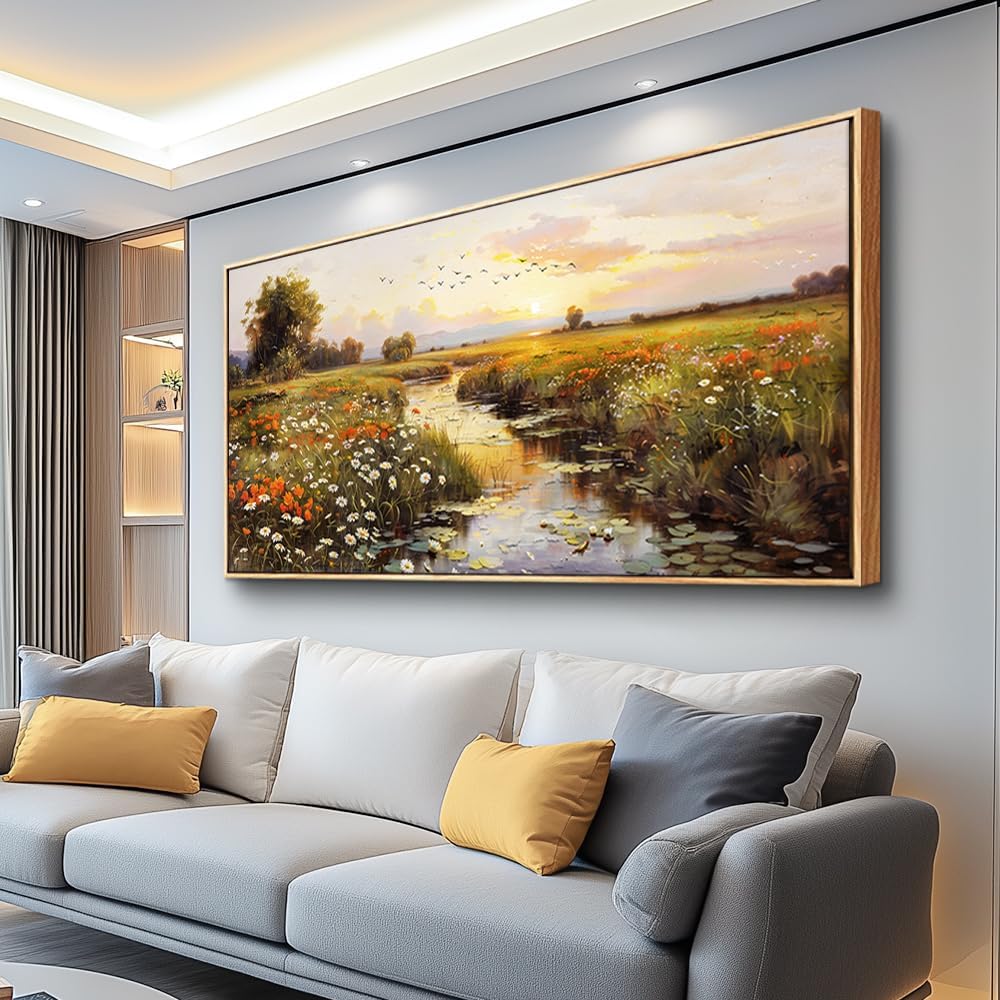 PHAOHUAXM Large Canvas Wall Art For Living Room Wall Decor For Bedroom Watercolour Painting Office Decoration Countryside Sunrise Scenery Wall Picture Home Decor Ready To Hang 30x60 In Wood Framed