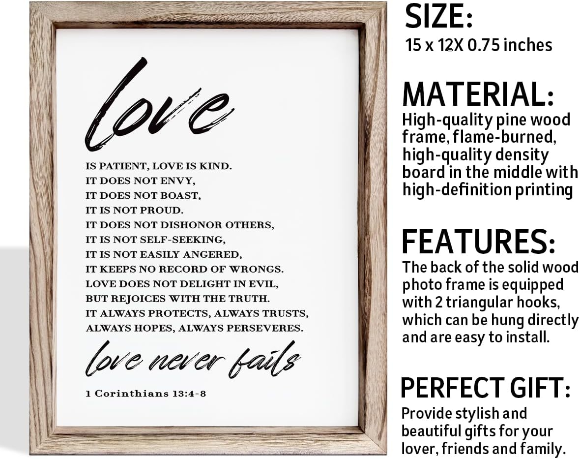 Love Wood Signs, Christian Wooden Wall Sign, Master Bedroom Signs, Inspirational Christian Gift, Home Decor, Framed Wall Plaque Sign 15 * 11.5 inches, Love is the Patient