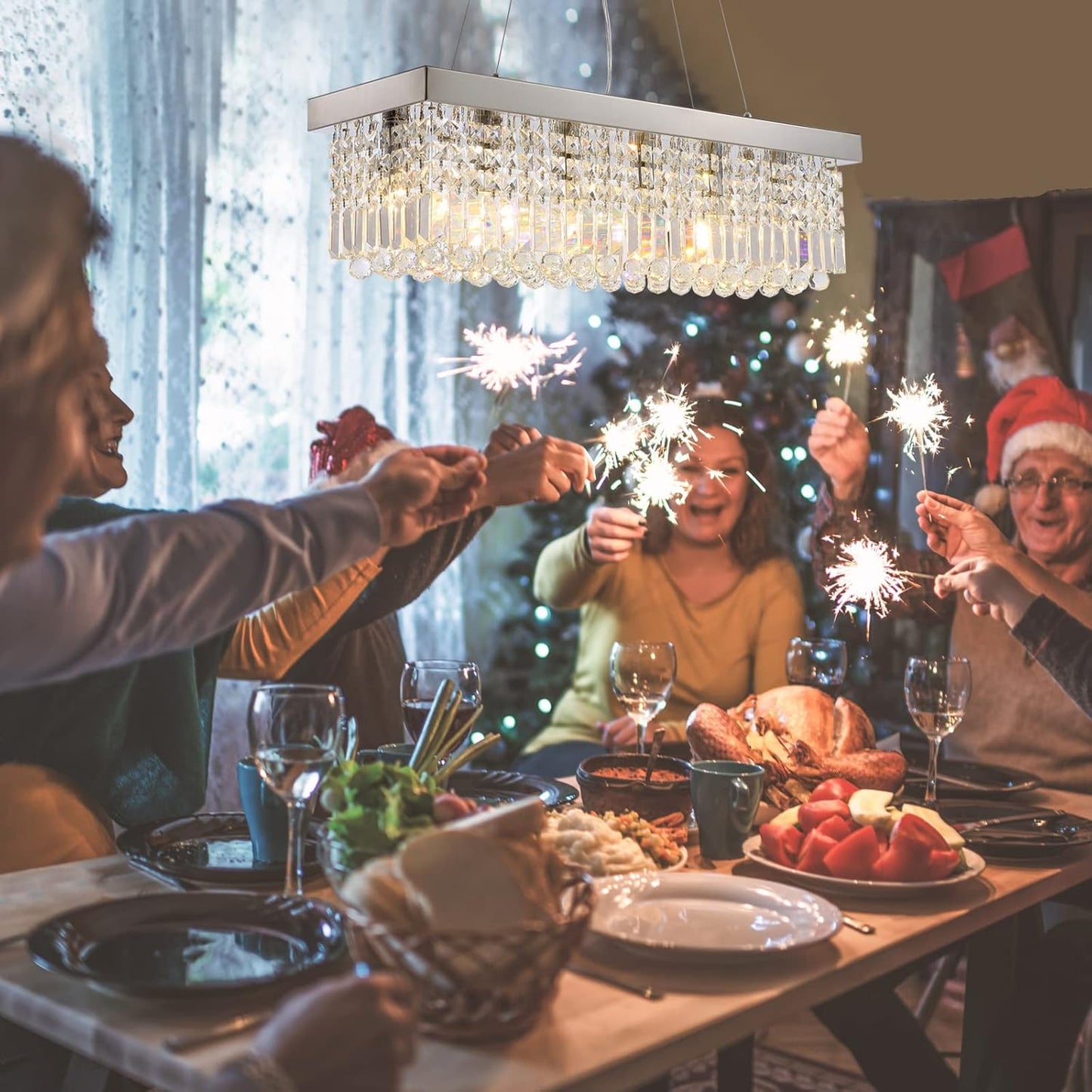 Siljoy 6-Light Modern Crystal Chandelier for Dining Room, Rectangular K9 Crystal Raindrop Chandelier, Rectangle Pendant Ceiling Light Fixture for Living Room Kitchen Island L31.5'' x W10'' x H10''