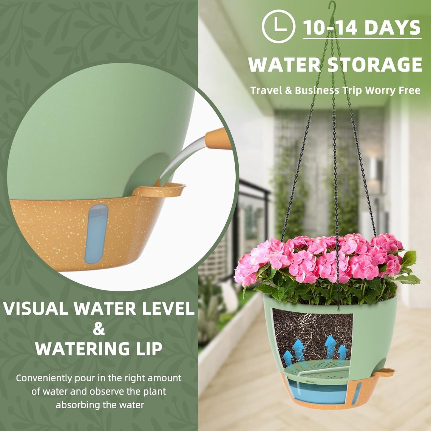 ZMTECH 12 Inch Hanging Planters for Indoor Outdoor Plants, 2 Pack Self Watering Hanging Plant Pots with Drainage Hole, Visual Reservoir, Plastic Flower Hanging Pots with Watering Lip (Green)