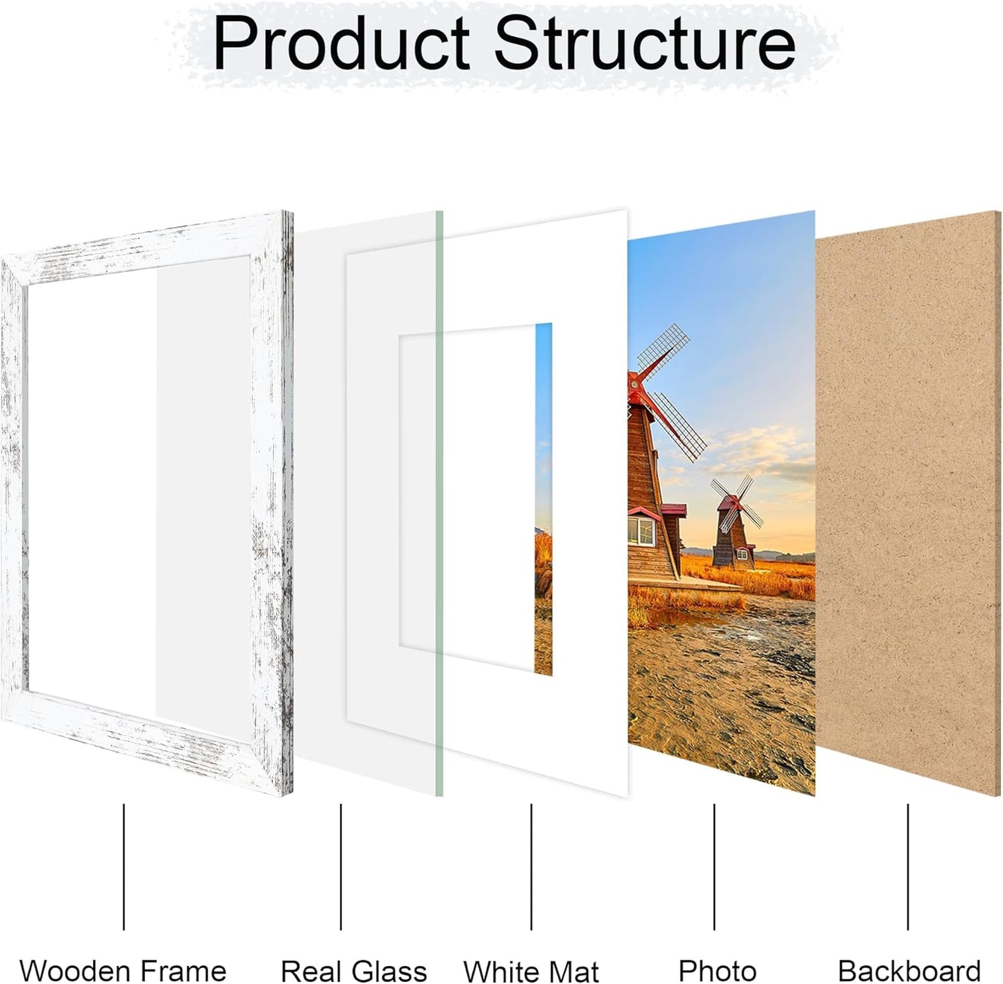 8x10 Picture Frame Set of 4, 8 x 10 Wood Photo Frames with Mat for 5x7, Rustic Natural Wooden Frame with Real Glass Cover for Wall and Tabletop Display,Distressed White