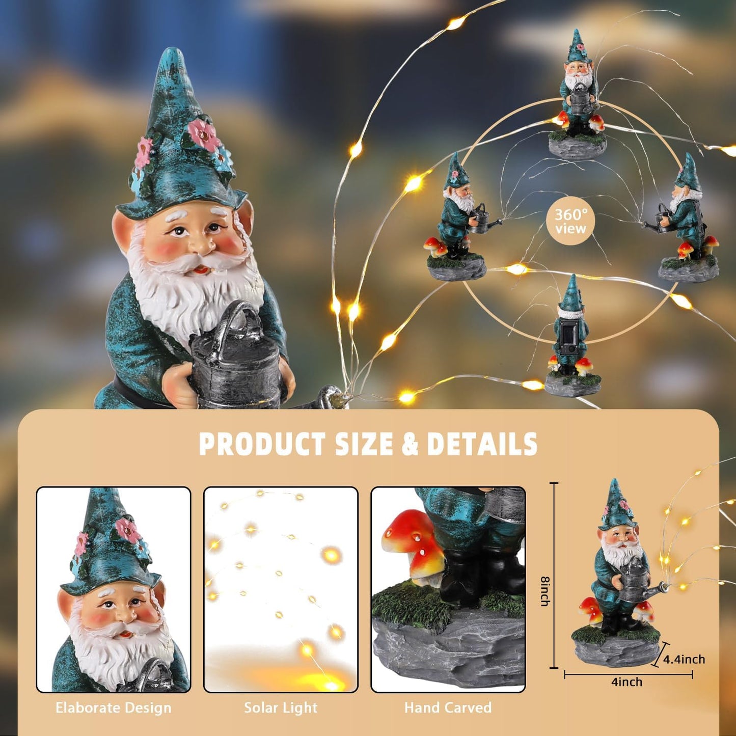 Solar Gnome Statue for Garden with Watering Can Light 8" Resin Gnome Figurines Outdoor Paito Yard Porch Decor Birthday Housewarming Gnomes Gifts for Women Mom Grandma Wife Sister