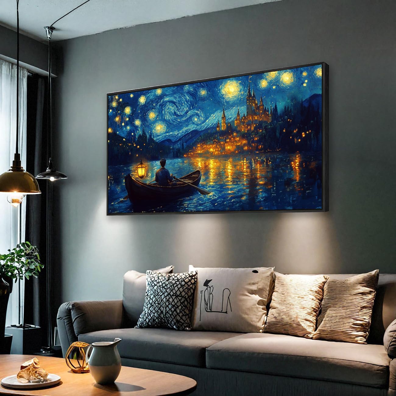 Wall Art Canvas Print Starry Night Over the Rhone by Van Gogh 24 x 48 inches Framed Home Artwork Decor Canvas Art Painting Living Room for Bedroom Office Wall Décor