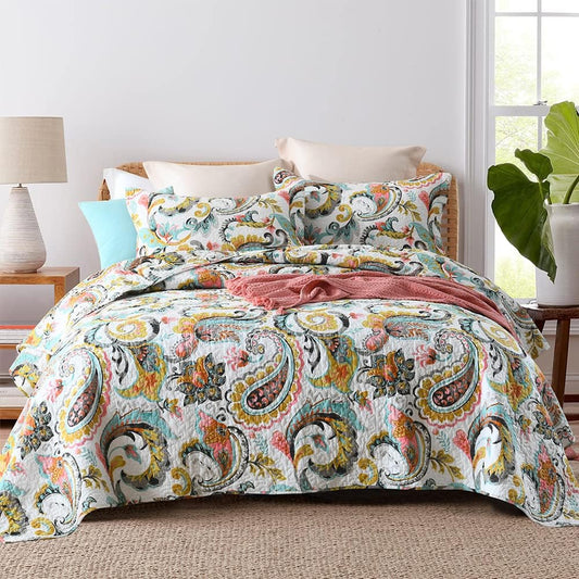 Autumn Dream Cotton Bedspread Quilt Sets, 3 Pieces Reversible Comforter Coverlet Sets,White Floral Paisley,King Size